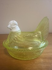 Rare -HTF Westmoreland Vaseline Glass Hen on Nest  With Milk Glass Head WG stamp picture
