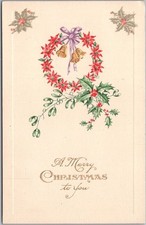 c1910s MERRY CHRISTMAS Embossed Postcard Poinsettia Flowers / Gold Bells / Holly picture