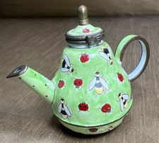 VTG Kelvin Chen Handpainted Enamel Copper Teapot Bees & Ladybugs 1999 Hinged Lid picture