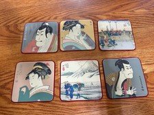 Japanese Art Print Coasters Vinyl Covered Japan Set 6 Vtg 70’s picture