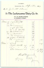 1899 Lackawanna Dairy Co. billhead w/milk, cream, cheese picture
