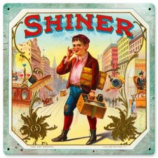 SHINER CIGARS TOBACCO SHOE SHINE BOY HEAVY DUTY USA MADE METAL ADVERTISING SIGN picture