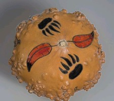 Hand Carved Painted 7x4 Warty Gourd Vessel Bowl Bear Paws Feathers Folk Art picture