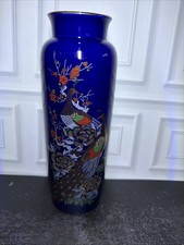 Vintage Japanese Cobalt Blue Porcelain Peacock Floral Vase Gold Trim 10.5