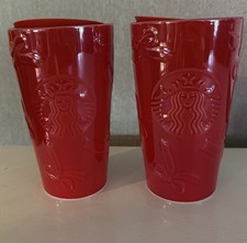 X2 Starbucks GLOSSY RED BOWS Ceramic Tumbler With Lid 12oz picture