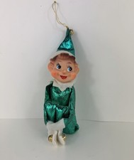 Vintage Green Sparkle Metallic Outfit Knee Hugger Elf Christmas Ornament Japan picture