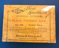NOS Vintage Davis Geck Surgical Sutures Box Full 12 Glass Tubes Silk Antique picture