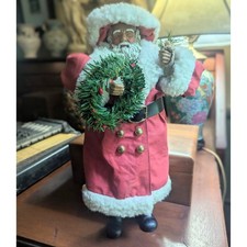 Vintage 80s Russ Berrie Black Santa Claus Figurine Red Fabric Coat Wreath 9738 picture