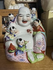 Buddha Statue Laughing Happy Lucky with Five Children Buddhism Figurine Rose VTG picture