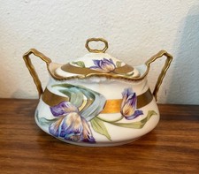 Antique LRL Limoges Hand Painted Art Nouveau Porcelain Covered Bowl, France picture