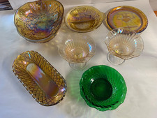 lot of 7 Vintage Amber & Carnival Glass Dishes Leaf & Basket weave Iridescent picture
