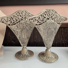 Vintage Godinger Silverplate Pedestal Vases Pair Ornate Filigree Floral picture