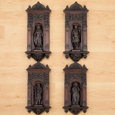 Set of 4 Antique French Gothic Oak Carved Wall Plaques with Medieval Figures picture