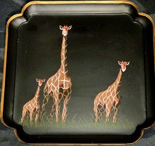 Vintage Giraffe Tray Hand Painted Safari Decor Black Metal Signed Centrum 12x12 picture
