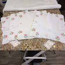 Vintage Embroidered Table Linens Lot 5pc Pink Floral Ruffle White Cottage Decor picture