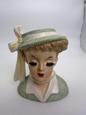Vintage 1958 NAPCO Lady Head Vase C3342A Japan Green Hat Bow Pearls MCM picture