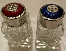 Raimond 1960's Enamel Silver Plate Salt/Pepper Shakers Blue & Red Crystal Glass picture