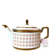 Almeria Mocha & White Harlequin Porcelain Teapot with Lid Gold Accents 32oz NEW picture