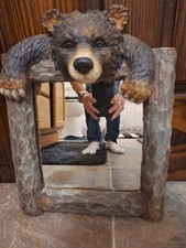 Western Rustic Forest Brown Bear Looking Over Wood Wall Mirror Decor Plaque picture