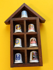 VINTAGE WOODEN HOUSE DISPLAY WTIH 7 ADVERTISING THIMBLES picture