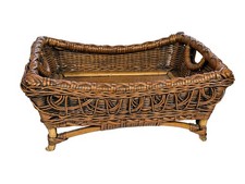 Vintage Footed Rattan Wicker Basket Tray Handles Wooden Base 17