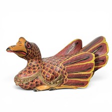 Vintage Hand Carved Painted Wood Bird Duck Folk Art Sculpture Red Gold picture