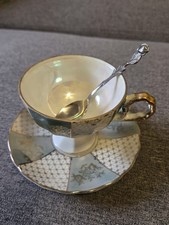VTG Napcoware Teacup and Saucer Set C-7120 Blue Gold Iridescent Lusterware Japan picture