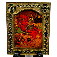 Vintage Greek Cloisonne Icon Saint Demetrios Byzantine Wood Metal Frame Wall Art picture