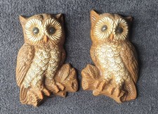 Pair of Vintage 1970s Chalkware Owl Wall Hanging Plaques Faux Wood Decor picture