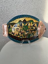 Vtg Decor Plate Mexican folk art fish pottery hand painted village theme picture