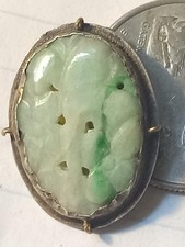 Vintage Chinese Asian Sterling Silver Carved Green Jade Jadeite Dress Shoe Clip picture