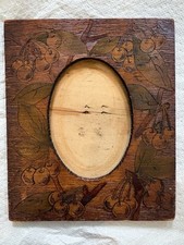 Antique 1903 Pyrography Wooden Picture Frame Hand-Carved / Wood-Burned Cherrie picture
