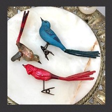 LOT 3) ANTIQUE 1940s MERCURY GLASS Xmas BIRD ORNAMENTS w/ CHENILLE FAN TAILS picture