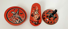 Three Vintage U.S. Metal Tin Litho Halloween Noisemakers Witches,Owls,Cats,Bats picture