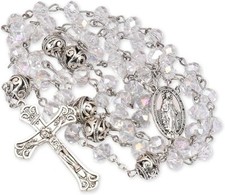 8mm White Crystal Beads Rosary Necklace with 10mm Alloy Mystery Beads Miraculous picture