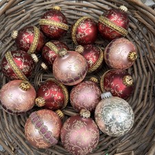 Vintage Lot of 16 West Germany Christmas Glass Ornaments Pink Maroon Gold Ribbon picture