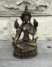 Vintage Brass Green Tara Statue Indian Goddess Seated Lotus Buddhist Figurine 6” picture