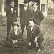 Antique RPPC Real Photograph Postcard Outside Handsome Men Smoking Pipe Camera ? picture