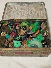 Vintage Riley's Toffee Tin With Vintage Green Black Brown Buttons B10 picture