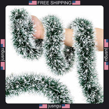 50FT Green Christmas Tinsel Garland with White Frosted Accents, Indoor Outdoor picture