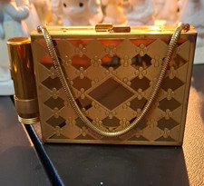 Gold Tone Vanity Powder Compact Purse Mirror w/ Chain & Lipstick Holder picture