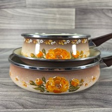 Vintage WMF Stahlemail Enamel Cookware Set Pans Lids Yellow Floral West Germany picture