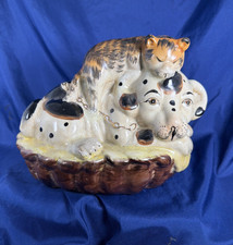 FSL China Ceramic Cat on Spotted Dog Figurine Staffordshire Style Basket picture