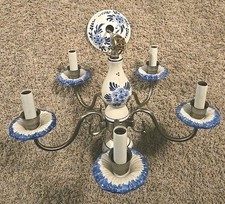 Vintage Dutch Delft Blue & White Porcelain 5-Arm Chandelier Excellent Condition picture