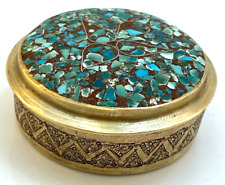 Vintage Lidded Brass Box Turquoise Stone Mosaic Top Ornate Banding picture