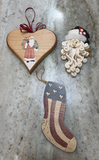 Vintage Karla’s Kreations Wood Heart Ornament +Patriotic Santa & Stocking picture
