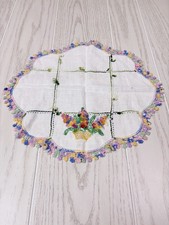 VTG Hand Embroidered Cross Stitched Floral Doily Crocheted Edge 13”x14” picture