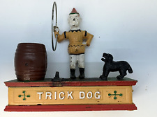 Vintage Cast Iron Trick Dog Coin Bank Jumping Through Hoop Works  picture