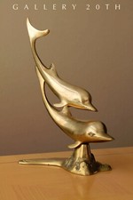 DIVINE MID CENTURY BRASS SMILING SWIMMING DOLPHINS SCULPTURE VTG 50'S PORPOISE picture
