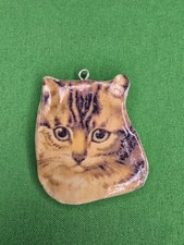 Signed C. Clair Ceramic Cat Pendant Handmade Studio Art Pottery Kitty Vintage picture